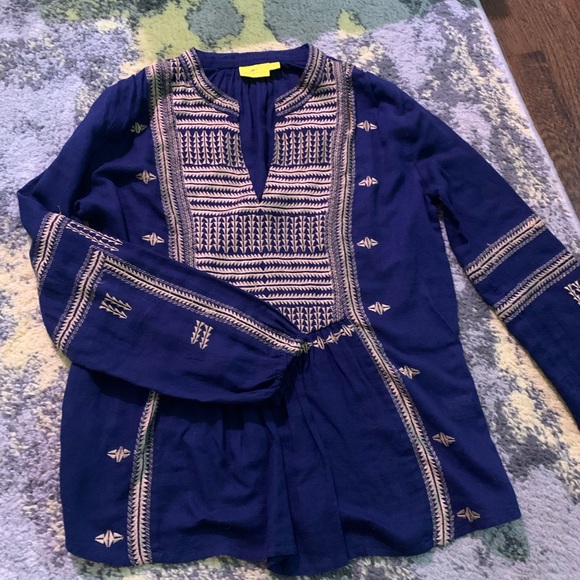 Roberta Roller Rabbit Blue and Gold Embroidered Tunic Top Small - Picture 5 of 6